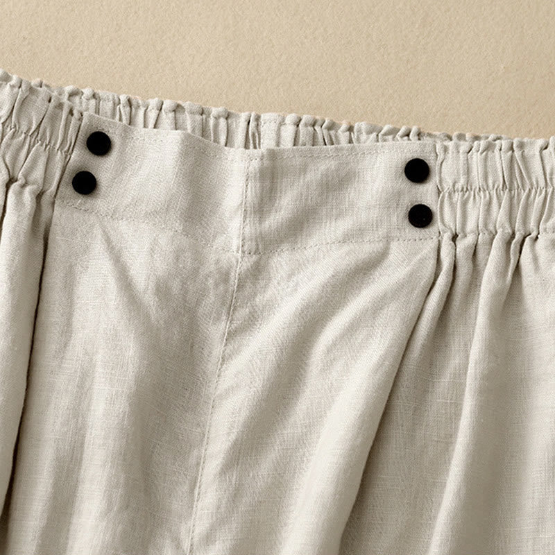 Summer Casual Pleat Plain Cotton Linen Women's Shorts With Pockets