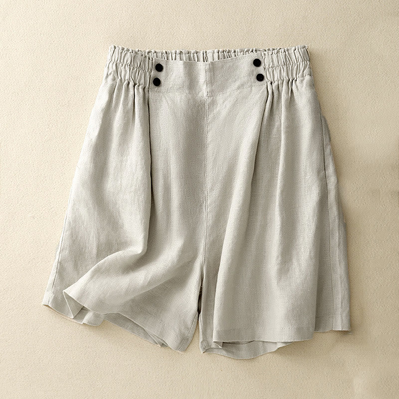 Summer Casual Pleat Plain Cotton Linen Women's Shorts With Pockets