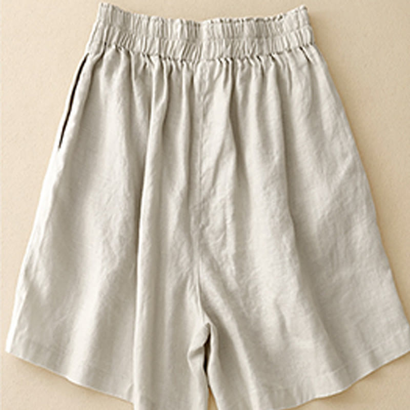 Summer Casual Pleat Plain Cotton Linen Women's Shorts With Pockets