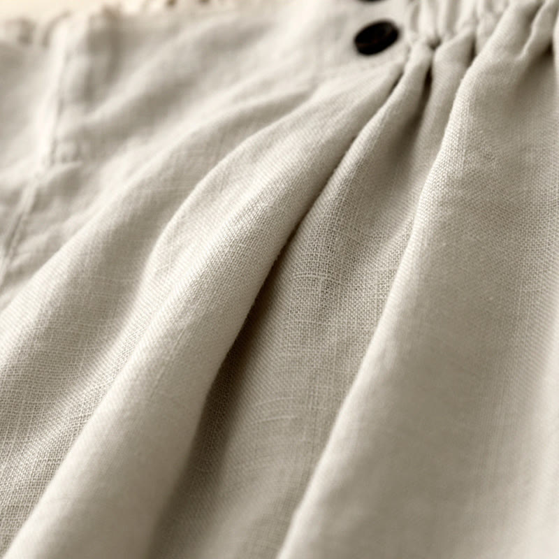 Summer Casual Pleat Plain Cotton Linen Women's Shorts With Pockets