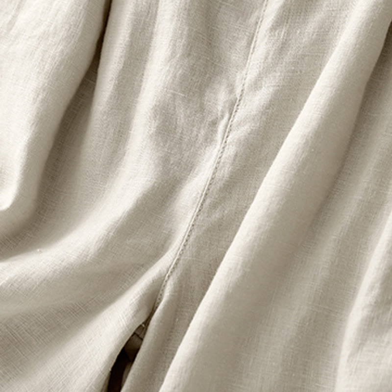 Summer Casual Pleat Plain Cotton Linen Women's Shorts With Pockets