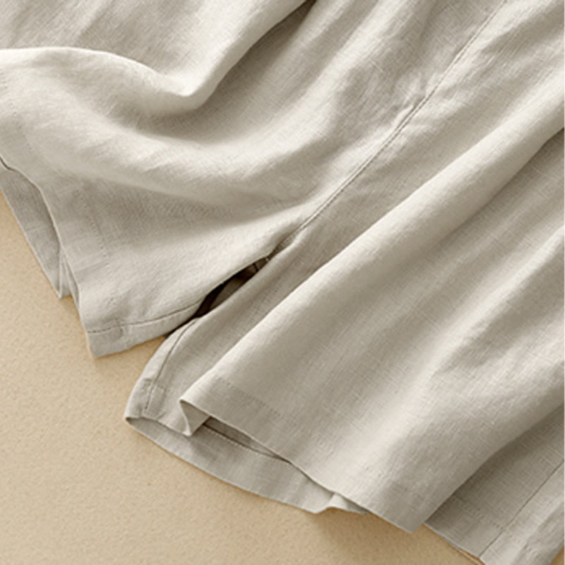 Summer Casual Pleat Plain Cotton Linen Women's Shorts With Pockets