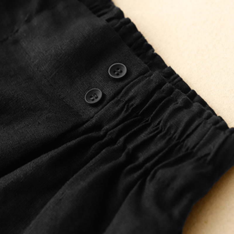 Summer Casual Pleat Plain Cotton Linen Women's Shorts With Pockets