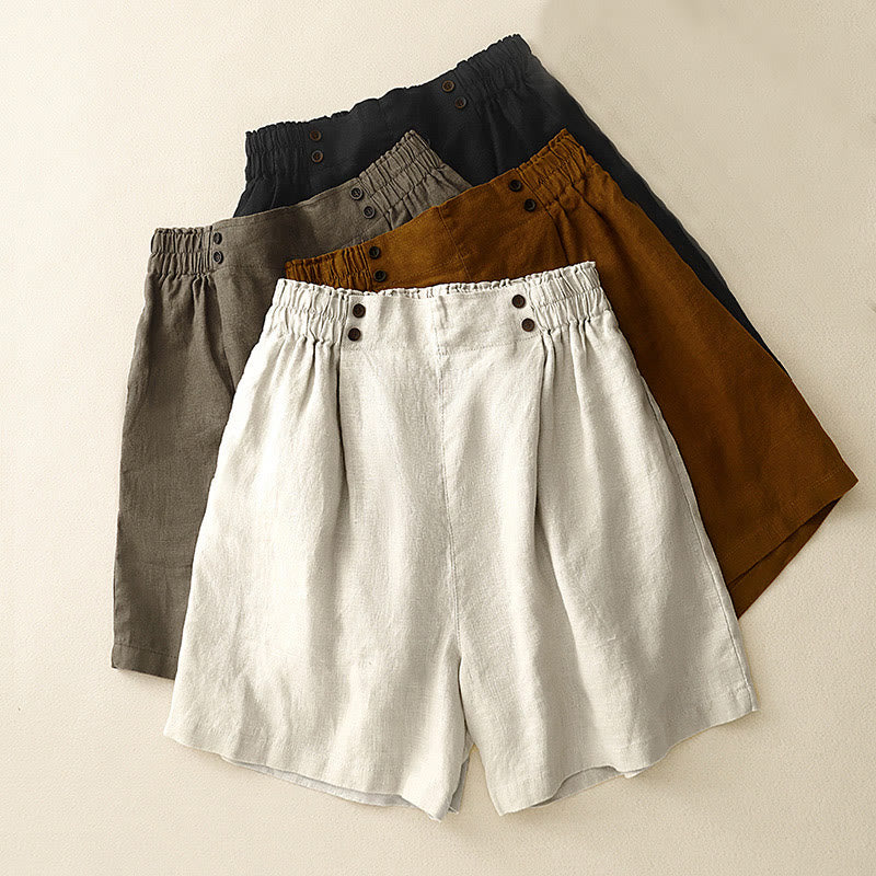 Summer Casual Pleat Plain Cotton Linen Women's Shorts With Pockets