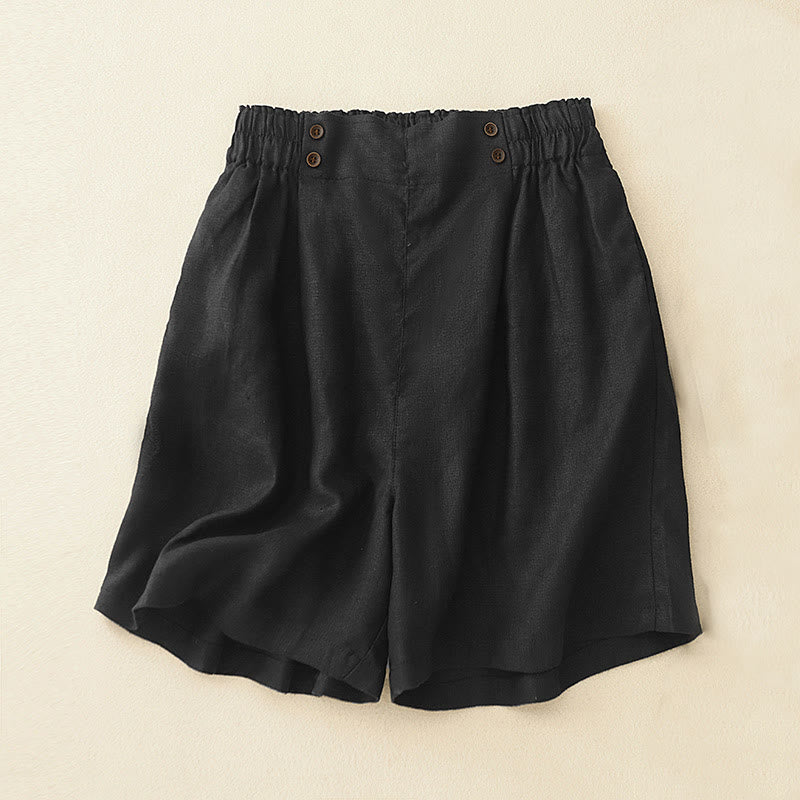 Summer Casual Pleat Plain Cotton Linen Women's Shorts With Pockets