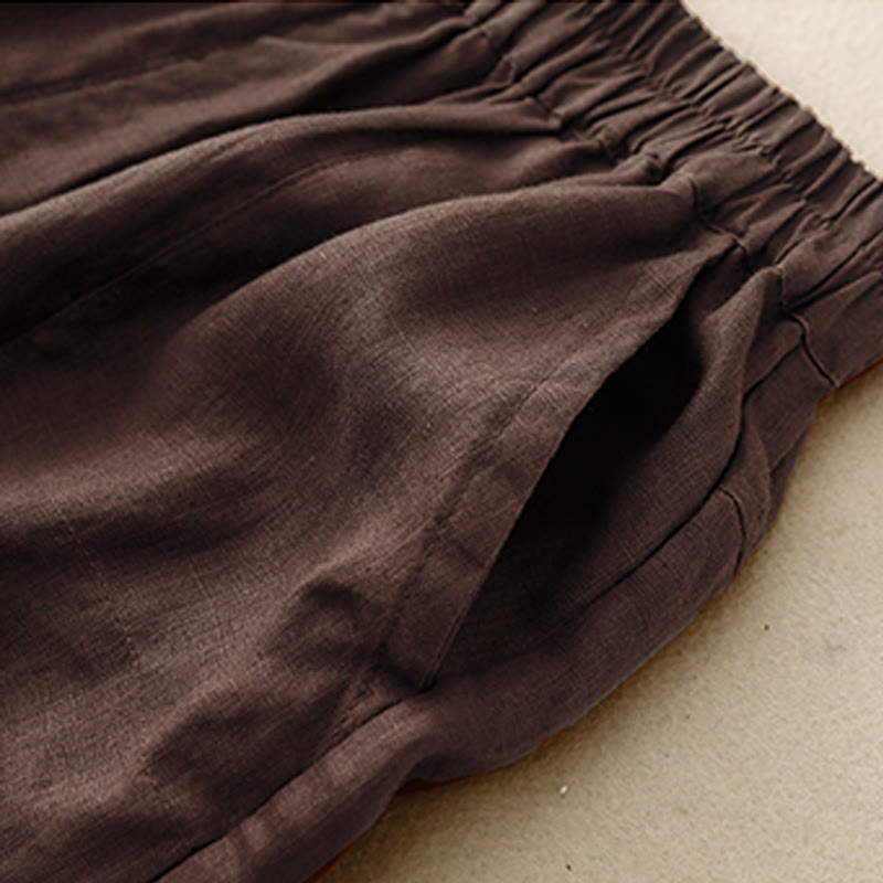 Breathable Cotton Linen Elastic Straight-Leg Meditation Shorts