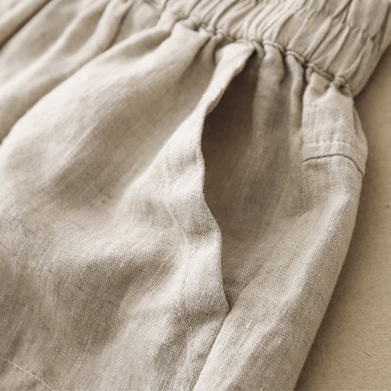 Breathable Cotton Linen Elastic Straight-Leg Meditation Shorts