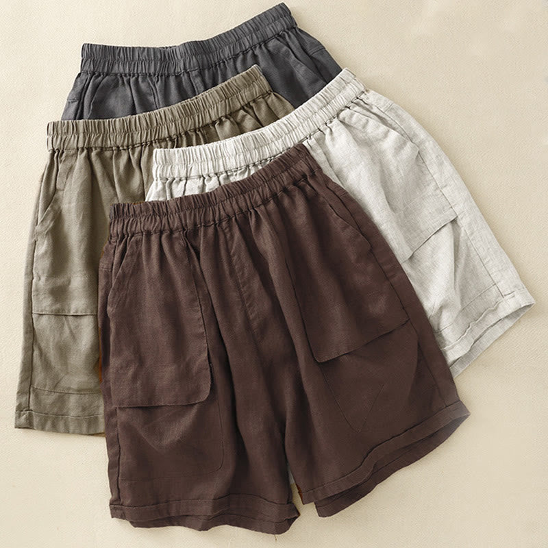 Breathable Cotton Linen Elastic Straight-Leg Meditation Shorts