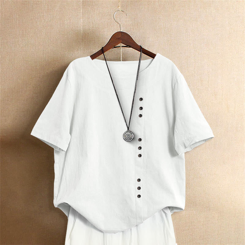 Casual Summer Pure Color Jacquard Button Crew Neck Cotton Women's Short Sleeve T-Shirt