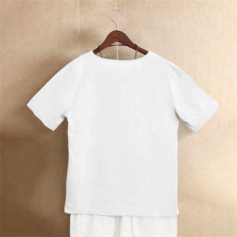 Casual Summer Pure Color Jacquard Button Crew Neck Cotton Women's Short Sleeve T-Shirt
