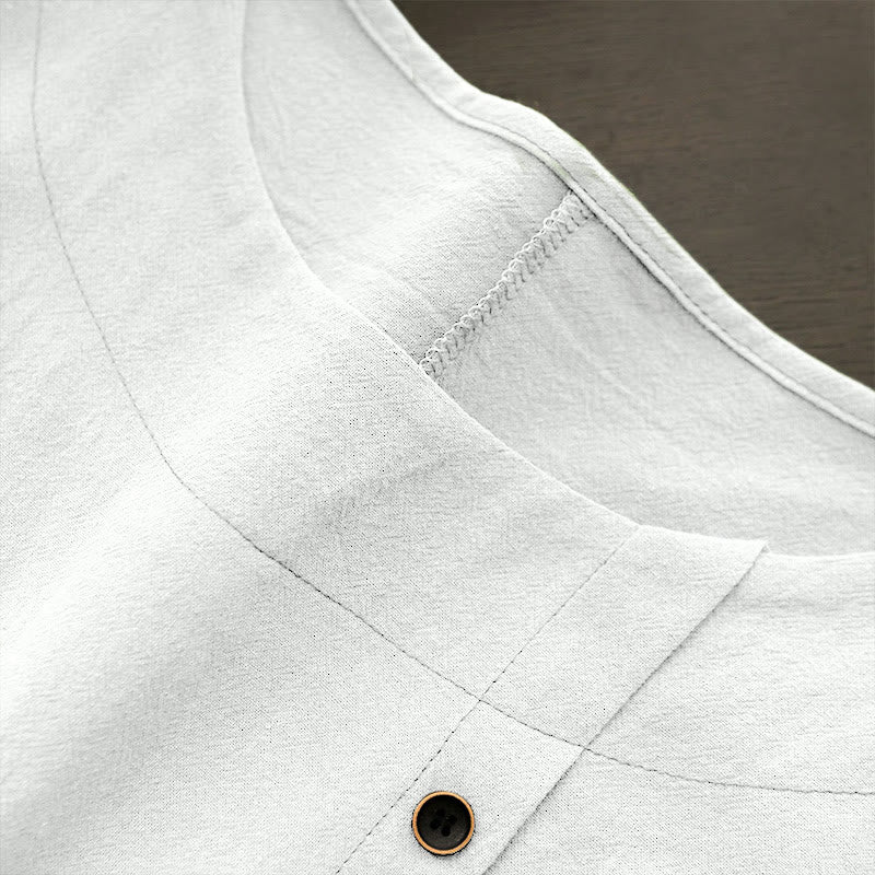 Casual Summer Pure Color Jacquard Button Crew Neck Cotton Women's Short Sleeve T-Shirt