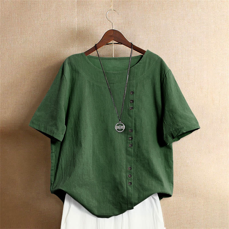 Casual Summer Pure Color Jacquard Button Crew Neck Cotton Women's Short Sleeve T-Shirt