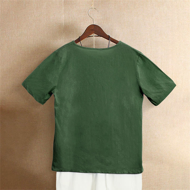 Casual Summer Pure Color Jacquard Button Crew Neck Cotton Women's Short Sleeve T-Shirt