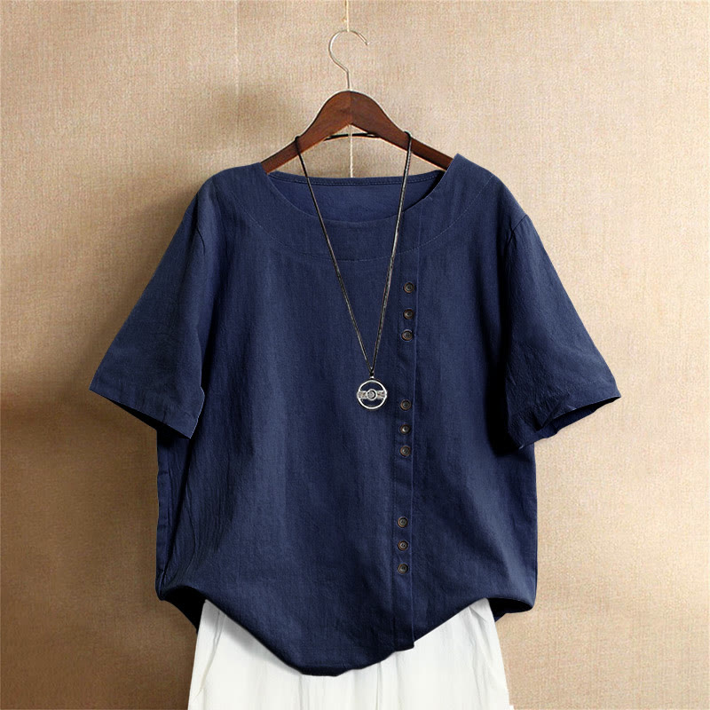 Casual Summer Pure Color Jacquard Button Crew Neck Cotton Women's Short Sleeve T-Shirt