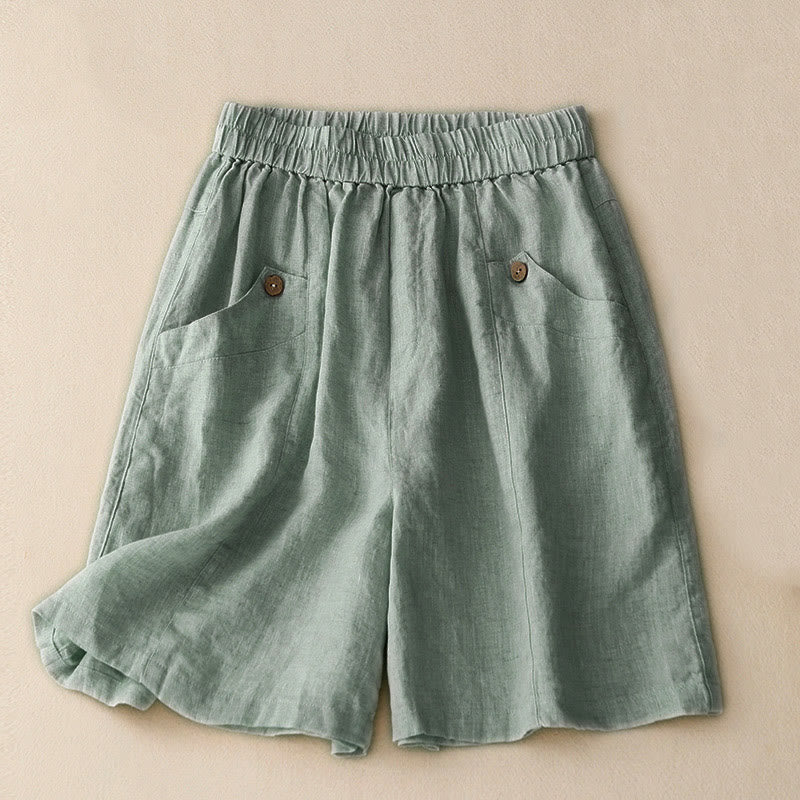 Summer Casual Buttons Plain Cotton Women's Shorts With Pockets