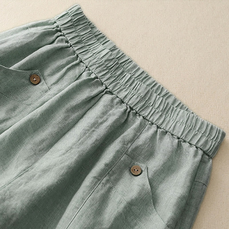 Summer Casual Buttons Plain Cotton Women's Shorts With Pockets