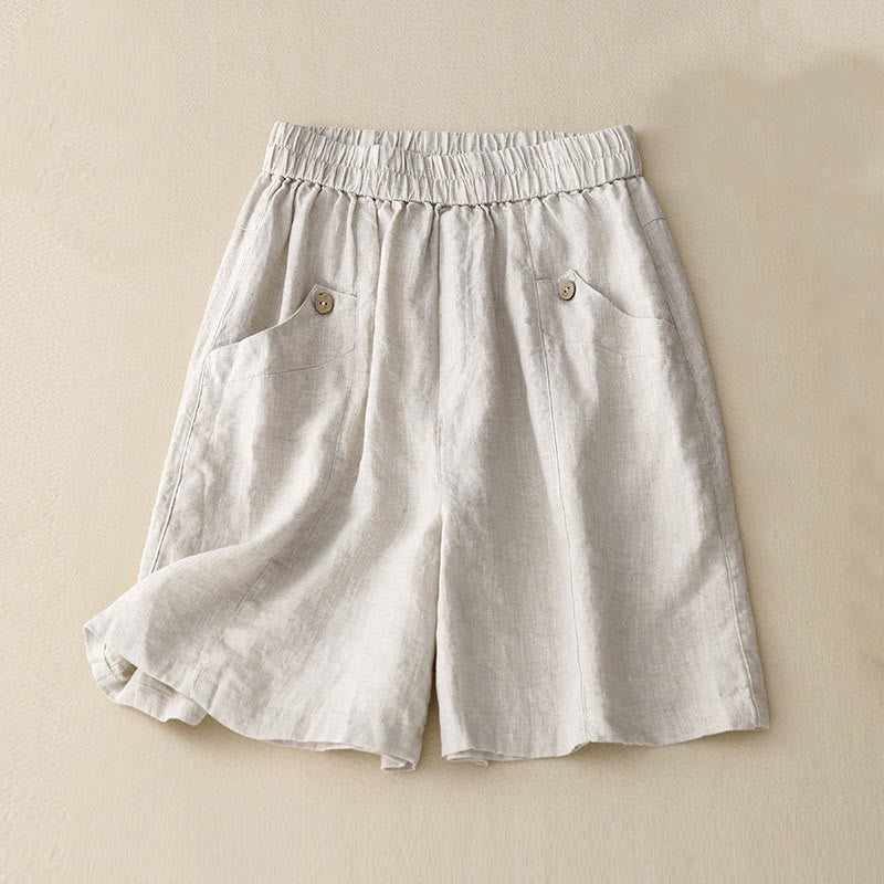 Summer Casual Buttons Plain Cotton Women's Shorts With Pockets