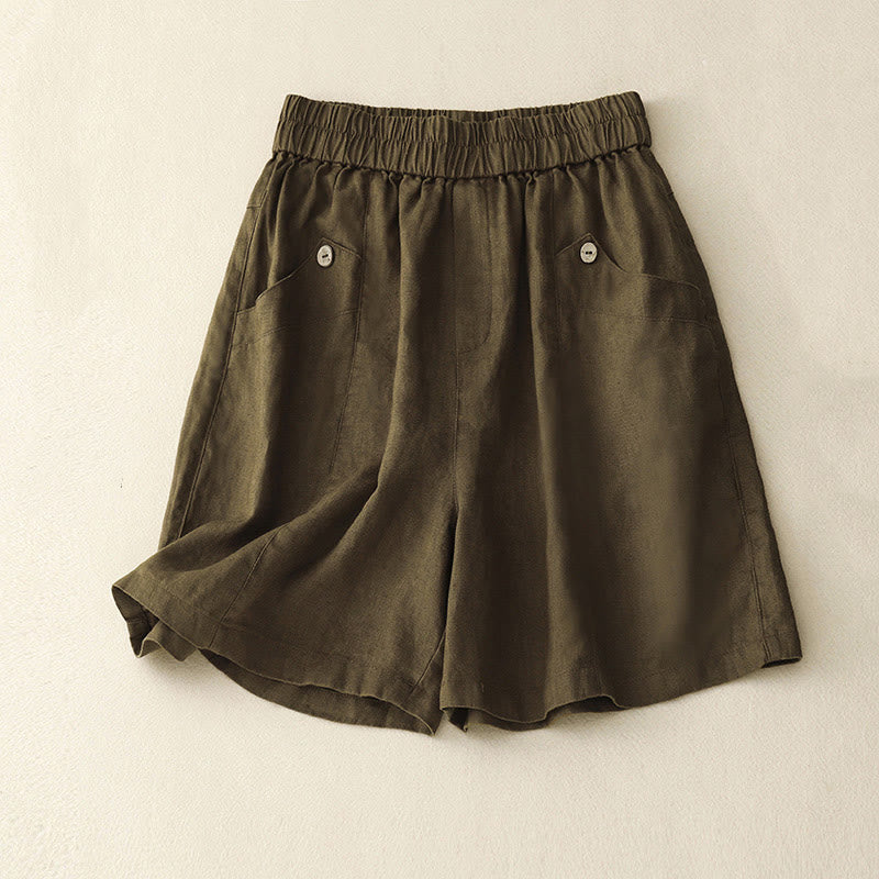 Summer Casual Buttons Plain Cotton Women's Shorts With Pockets