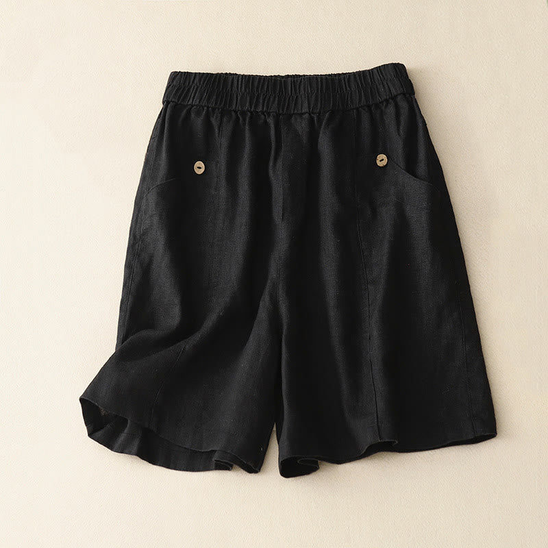 Summer Casual Buttons Plain Cotton Women's Shorts With Pockets