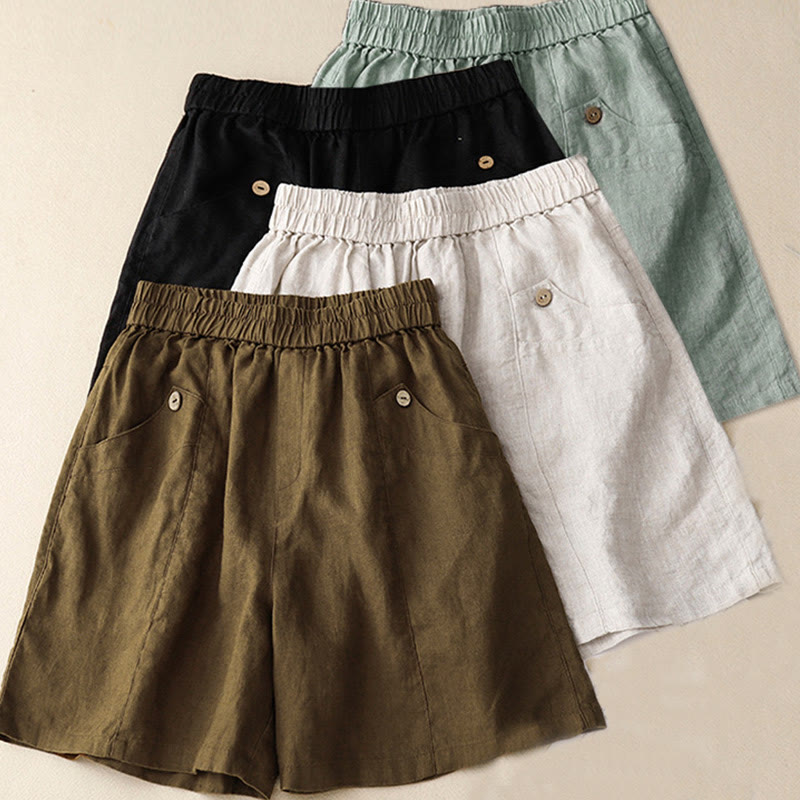 Summer Casual Buttons Plain Cotton Women's Shorts With Pockets