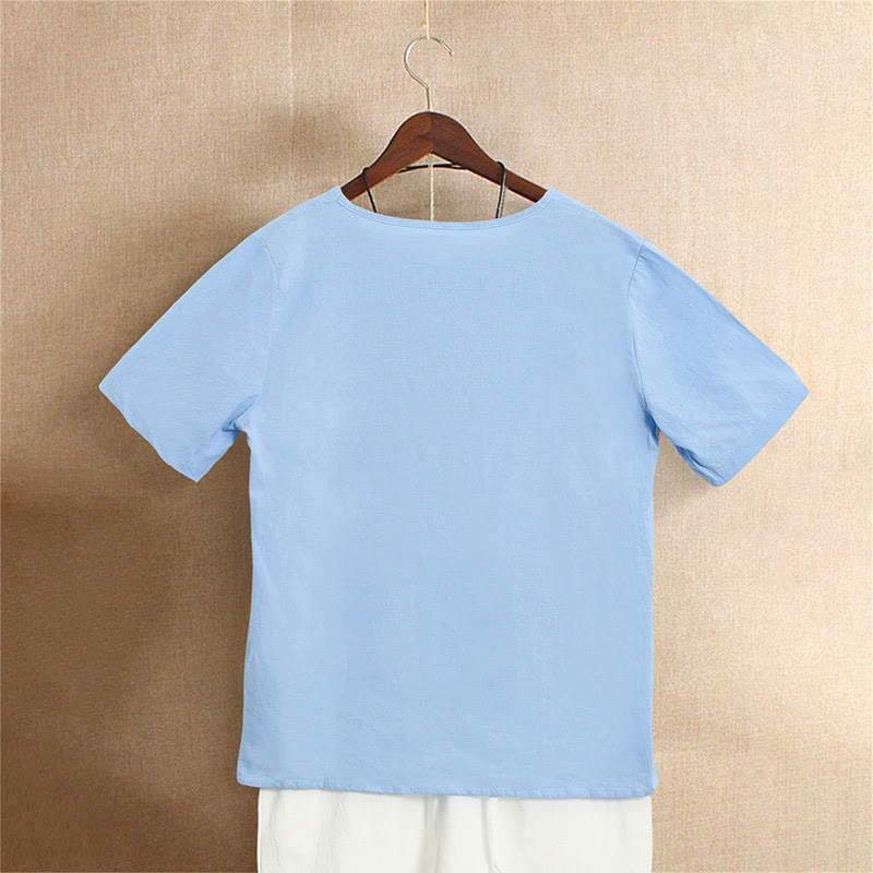 Casual Summer Pure Color Jacquard Button Crew Neck Cotton Women's Short Sleeve T-Shirt