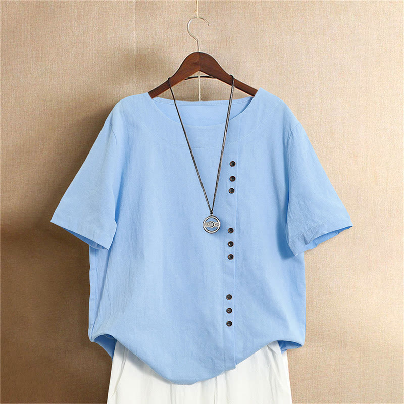 Casual Summer Pure Color Jacquard Button Crew Neck Cotton Women's Short Sleeve T-Shirt
