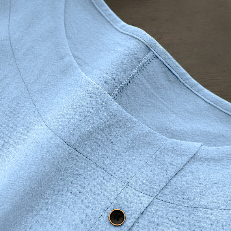 Casual Summer Pure Color Jacquard Button Crew Neck Cotton Women's Short Sleeve T-Shirt