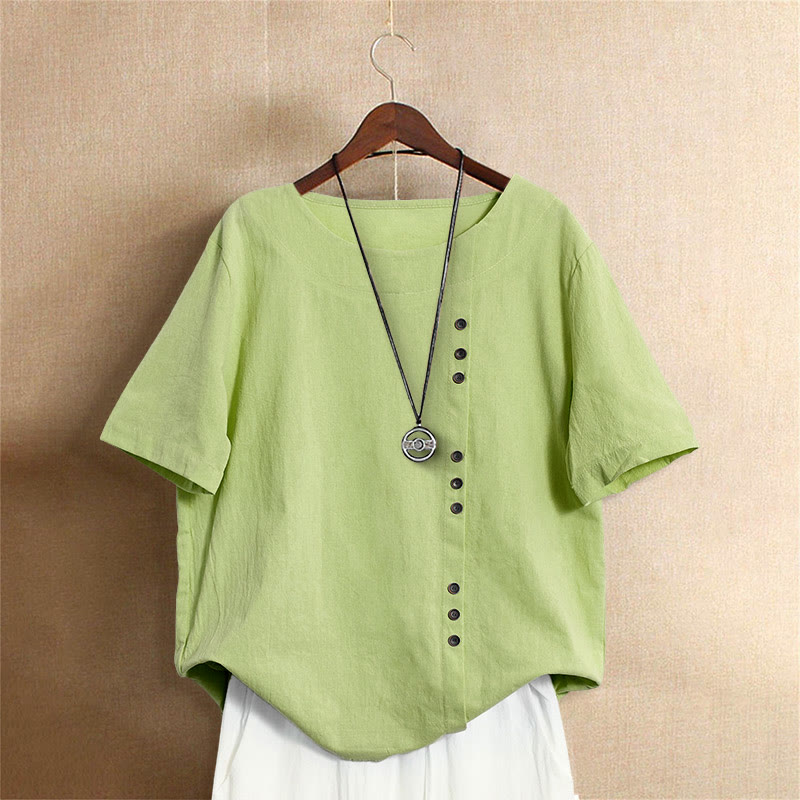 Casual Summer Pure Color Jacquard Button Crew Neck Cotton Women's Short Sleeve T-Shirt