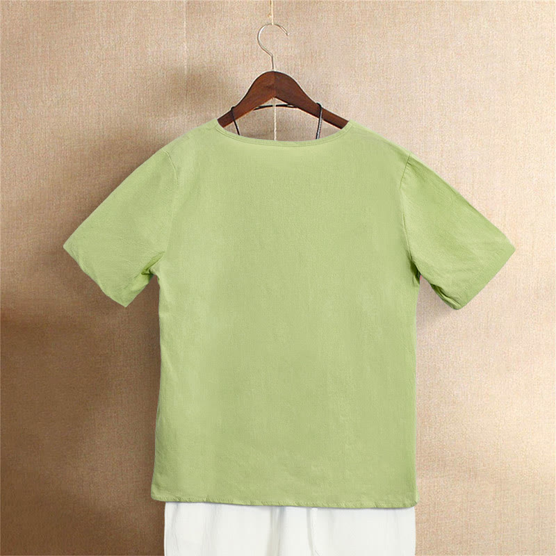 Casual Summer Pure Color Jacquard Button Crew Neck Cotton Women's Short Sleeve T-Shirt