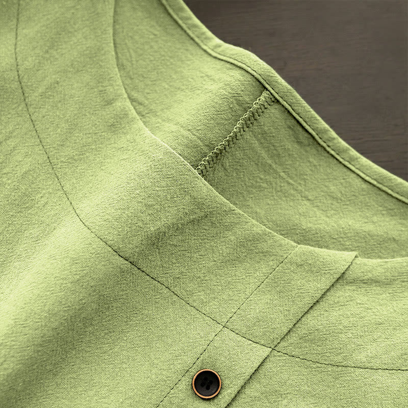 Casual Summer Pure Color Jacquard Button Crew Neck Cotton Women's Short Sleeve T-Shirt