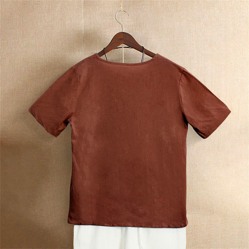 Casual Summer Pure Color Jacquard Button Crew Neck Cotton Women's Short Sleeve T-Shirt