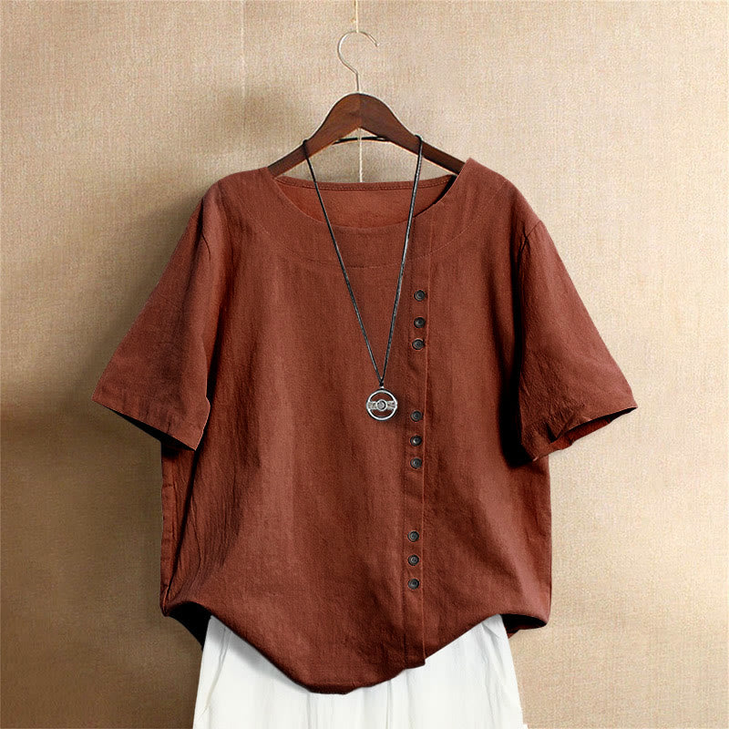 Casual Summer Pure Color Jacquard Button Crew Neck Cotton Women's Short Sleeve T-Shirt