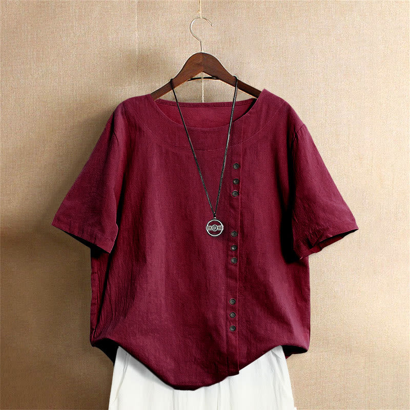 Casual Summer Pure Color Jacquard Button Crew Neck Cotton Women's Short Sleeve T-Shirt