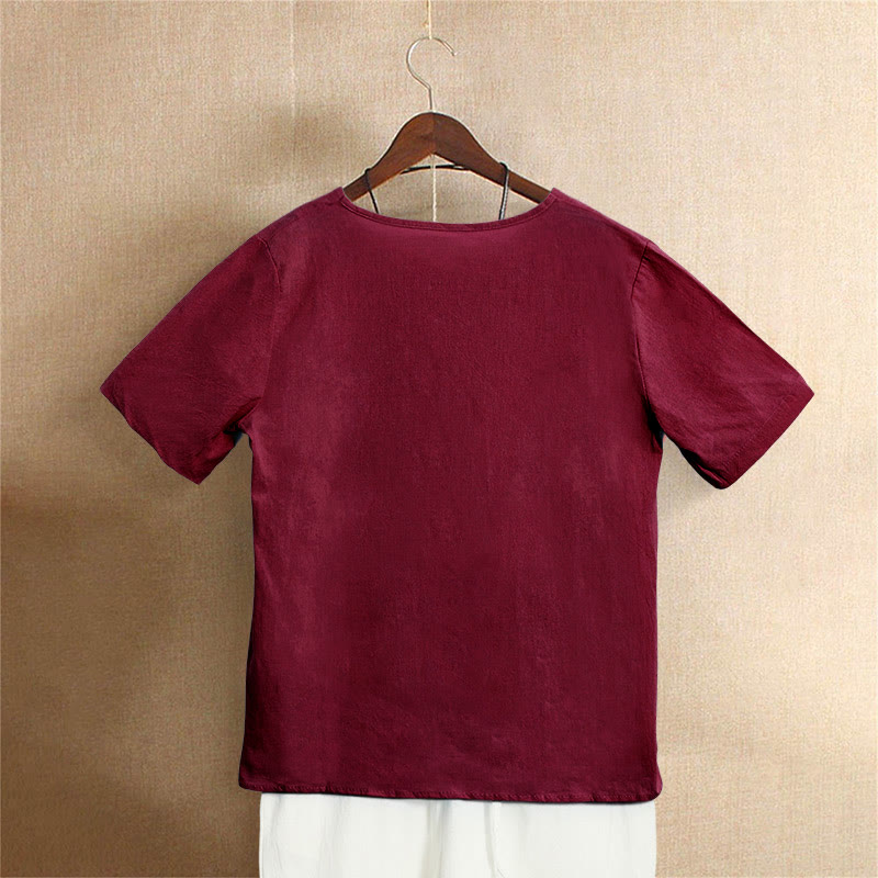Casual Summer Pure Color Jacquard Button Crew Neck Cotton Women's Short Sleeve T-Shirt