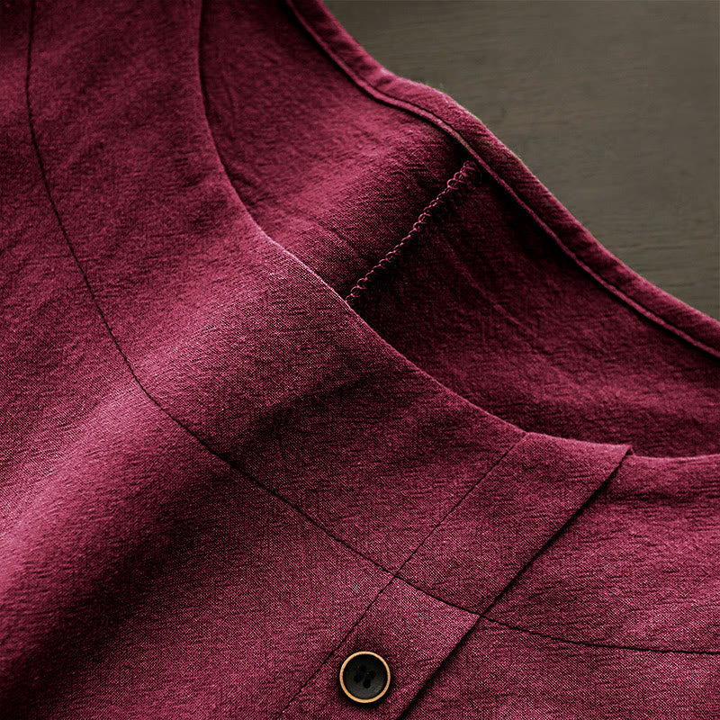Casual Summer Pure Color Jacquard Button Crew Neck Cotton Women's Short Sleeve T-Shirt