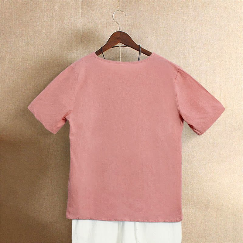 Casual Summer Pure Color Jacquard Button Crew Neck Cotton Women's Short Sleeve T-Shirt