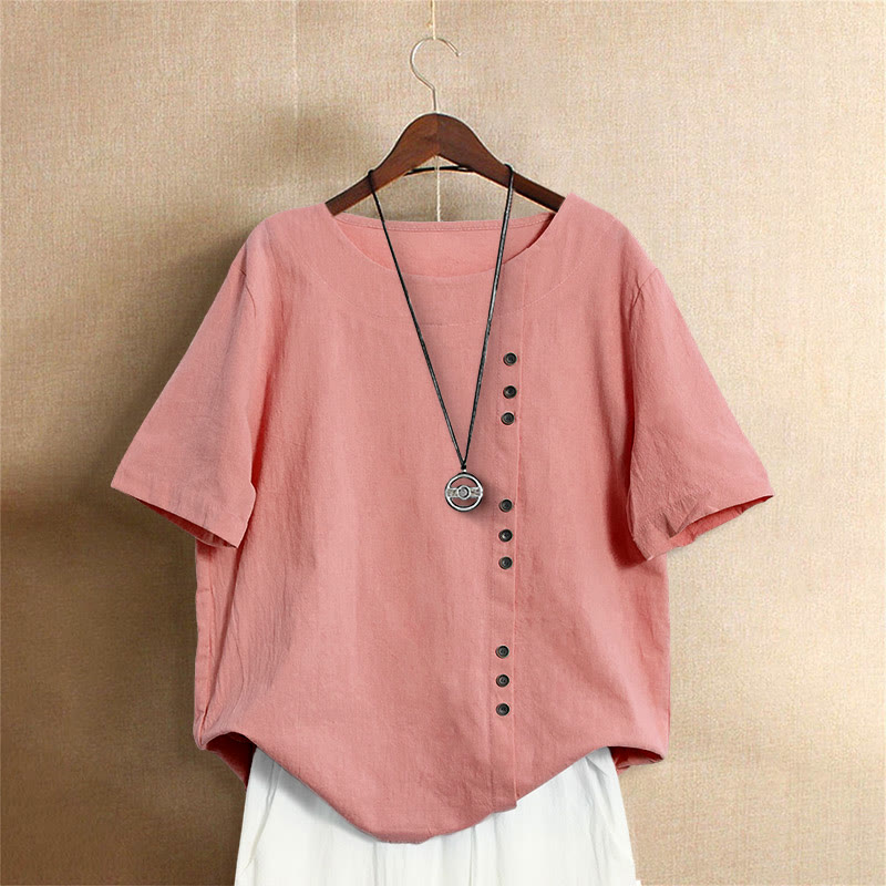 Casual Summer Pure Color Jacquard Button Crew Neck Cotton Women's Short Sleeve T-Shirt