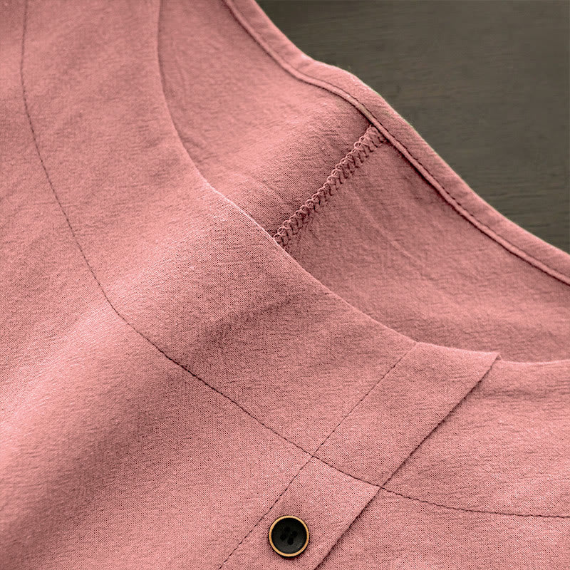 Casual Summer Pure Color Jacquard Button Crew Neck Cotton Women's Short Sleeve T-Shirt