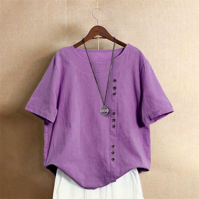 Casual Summer Pure Color Jacquard Button Crew Neck Cotton Women's Short Sleeve T-Shirt