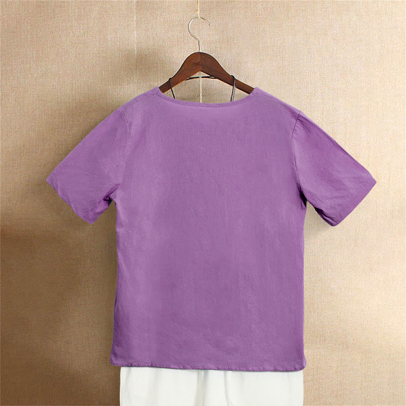 Casual Summer Pure Color Jacquard Button Crew Neck Cotton Women's Short Sleeve T-Shirt