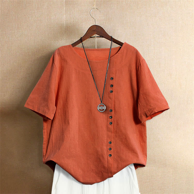 Casual Summer Pure Color Jacquard Button Crew Neck Cotton Women's Short Sleeve T-Shirt