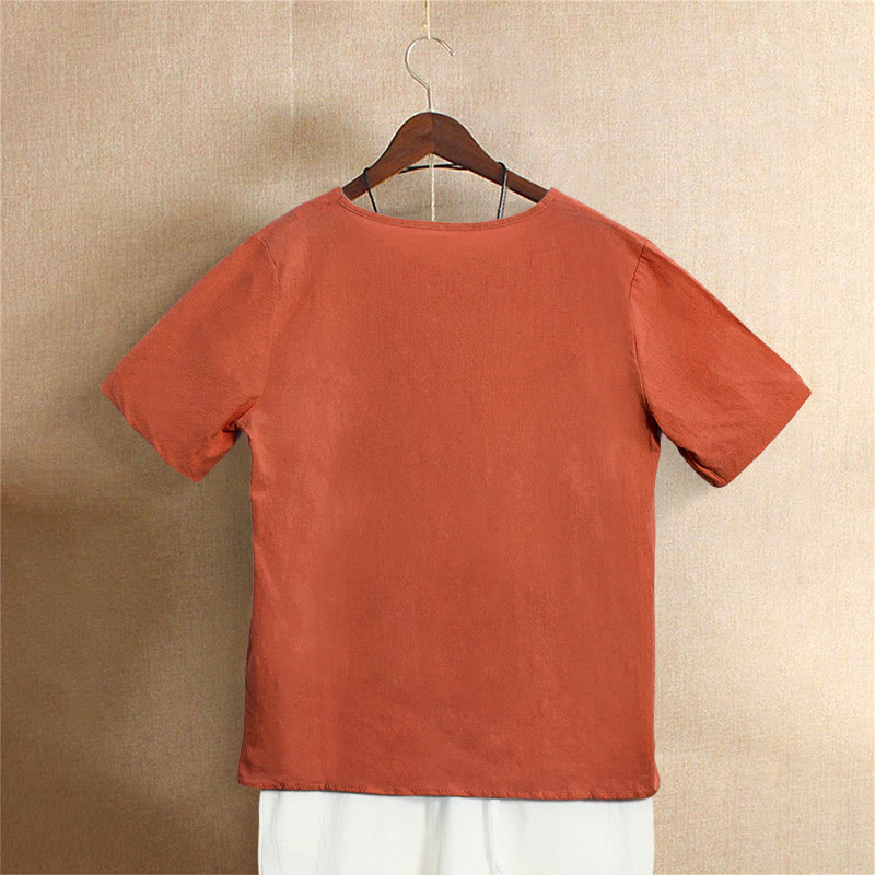Casual Summer Pure Color Jacquard Button Crew Neck Cotton Women's Short Sleeve T-Shirt