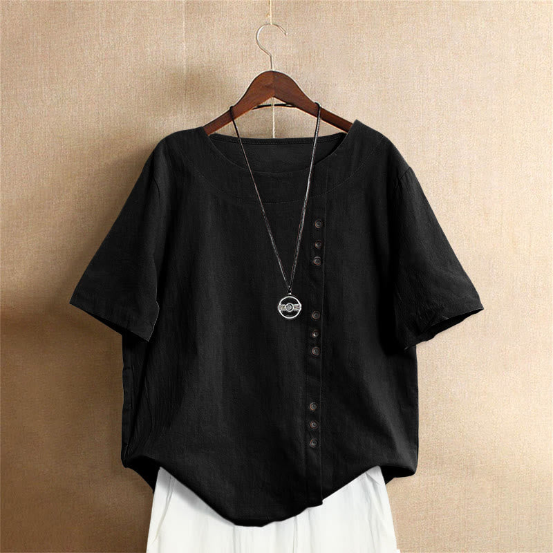 Casual Summer Pure Color Jacquard Button Crew Neck Cotton Women's Short Sleeve T-Shirt