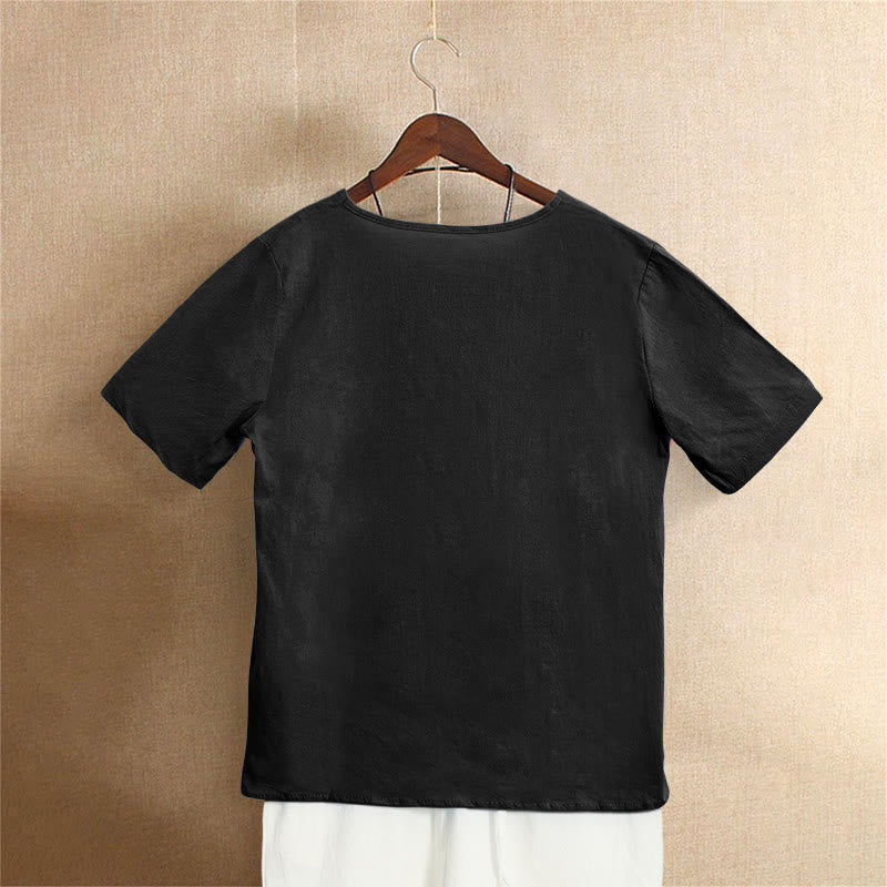 Casual Summer Pure Color Jacquard Button Crew Neck Cotton Women's Short Sleeve T-Shirt