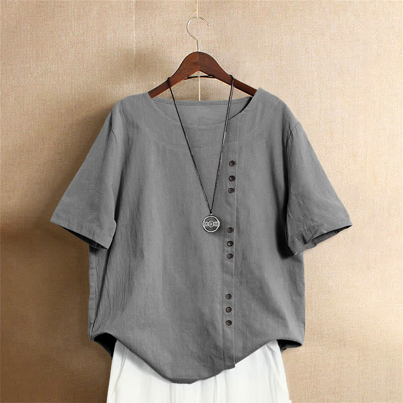 Casual Summer Pure Color Jacquard Button Crew Neck Cotton Women's Short Sleeve T-Shirt