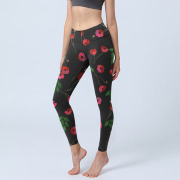 Vibrant Red Flowers Green Leaves Print Gym Leggings Women's Yoga Pants