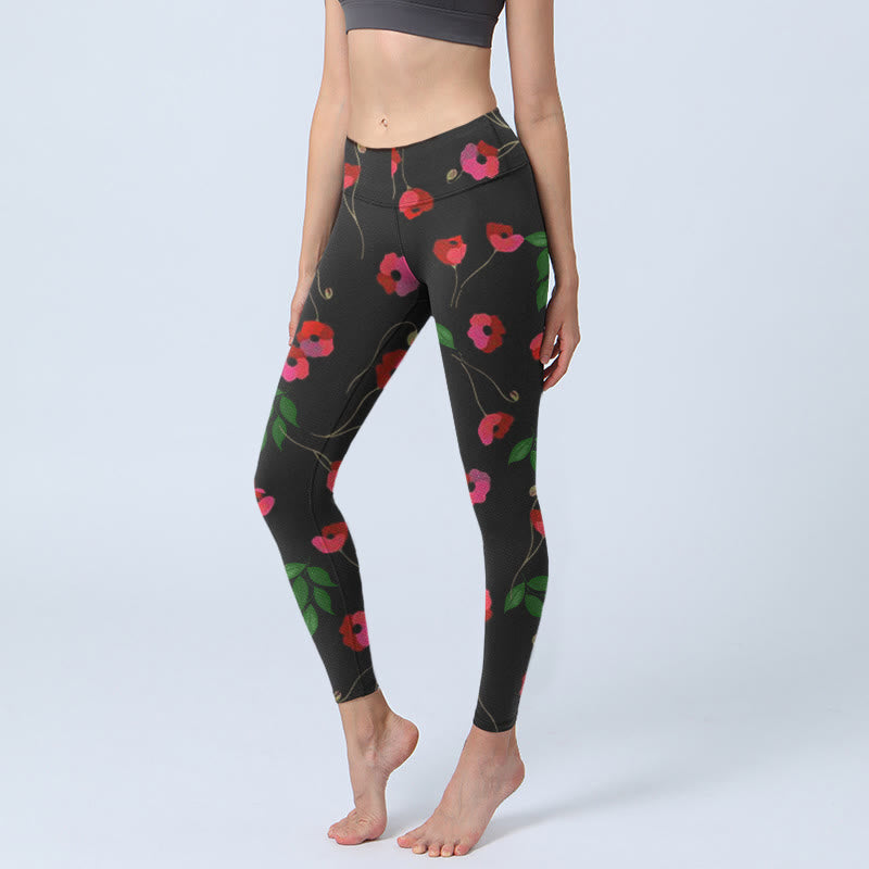 Vibrant Red Flowers Green Leaves Print Gym Leggings Women's Yoga Pants