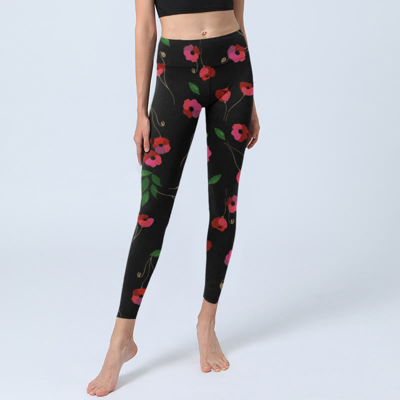 Vibrant Red Flowers Green Leaves Print Gym Leggings Women's Yoga Pants