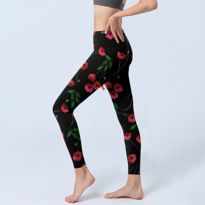 Vibrant Red Flowers Green Leaves Print Gym Leggings Women's Yoga Pants