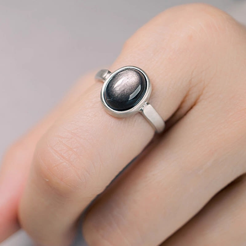 Natural Silver Sheen Obsidian 925 Sterling Silver Adjustable Statement Ring
